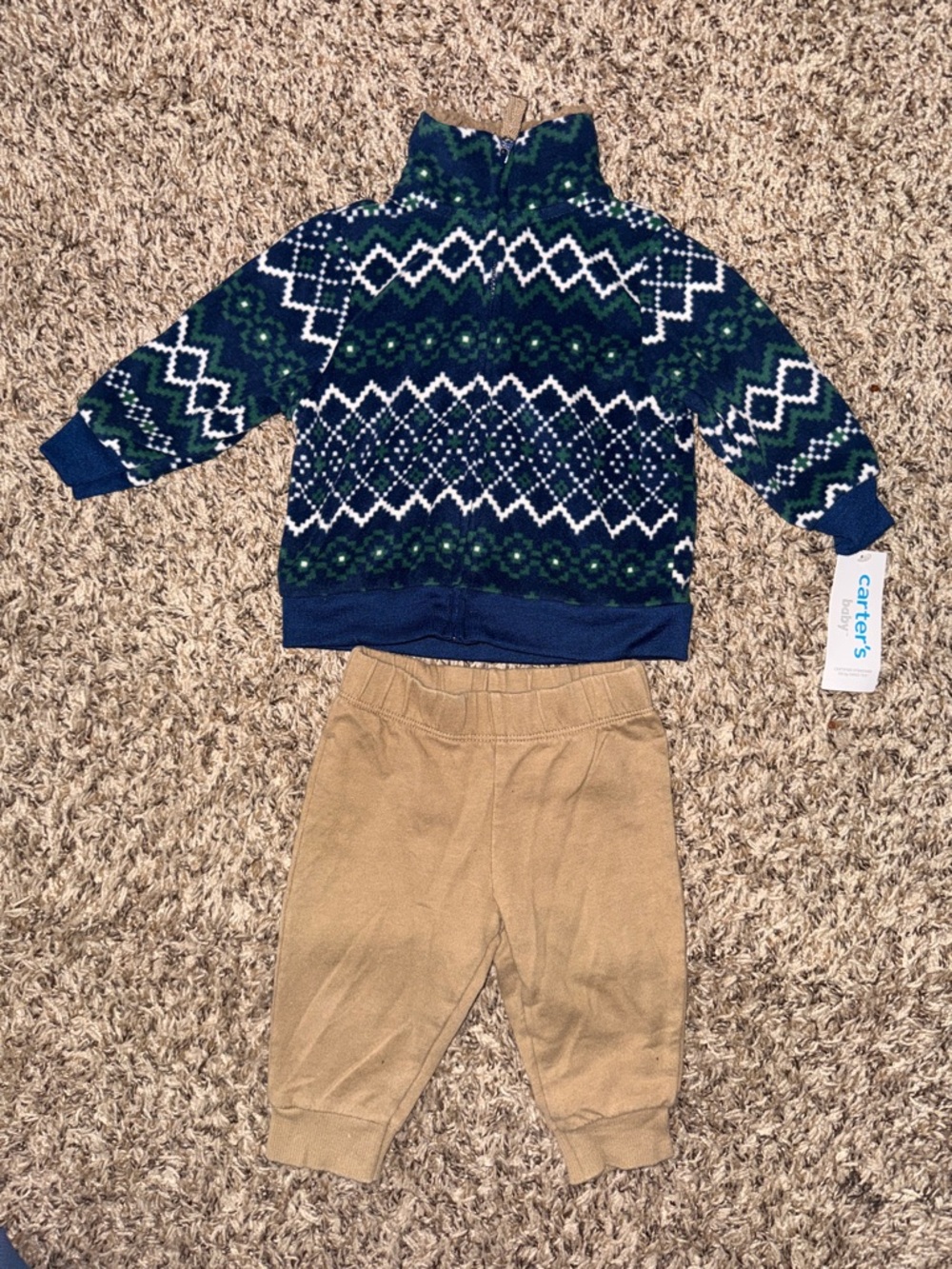 Carter's Navy, Green & White Fair Isle Sweater with Tan Pants